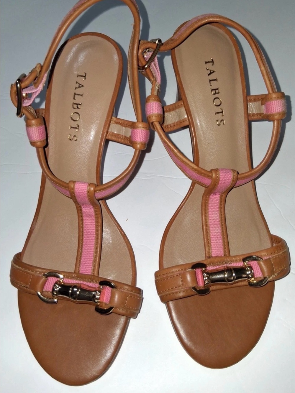 Talbots Pink and Tan Leather T-Strap Sandals with Gold Buckle